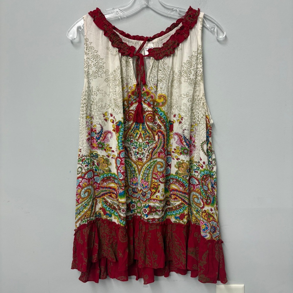 Bila Ivory Red Paisley Ruffle‎ Tassel Sleeveless Rayon Boho Blouse Top XL BT001